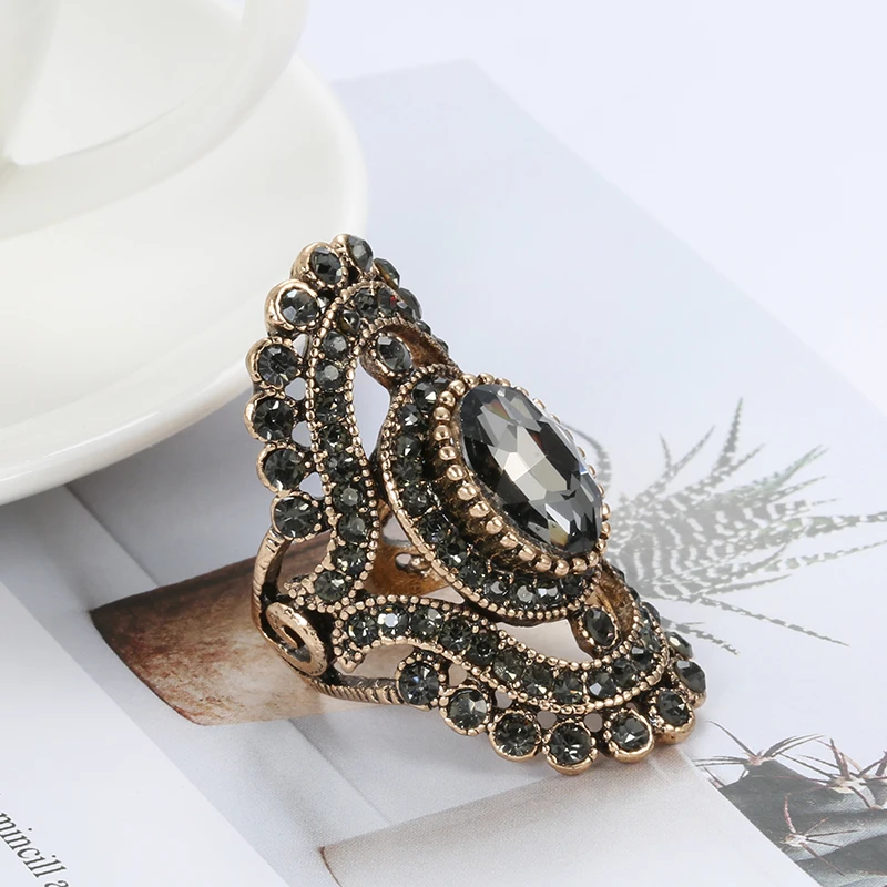 Kinel Luxury Vintage Gray Cubic Zircon Big Rings For Women Antique Silver Color Crystal Flower Ring Wedding Engagement Jewelry