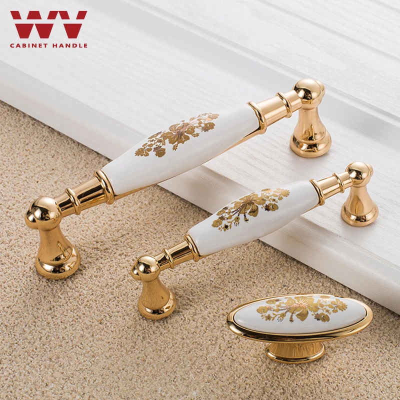 WV kitchen cabinet storage Handle European Gold Flower Ceramic Wardrobe Door Knob Cabinet Classical Antique Pulls Hardwares