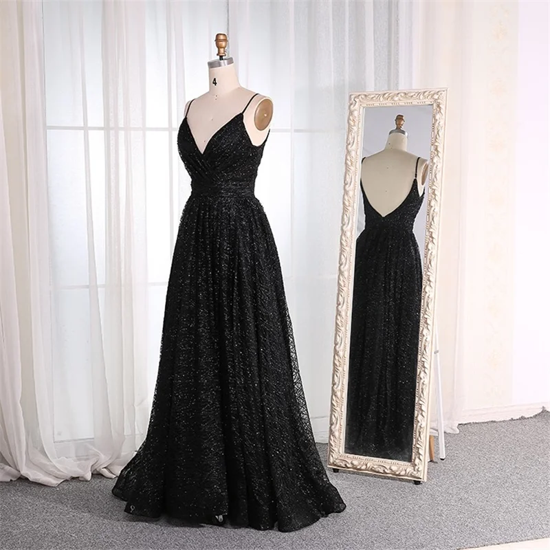 Vestido de baile preto 2021, novo vestido de alça com decote em v, linha a, comprimento até o chão, sem mangas, lantejoulas, vestidos de noite personalizados