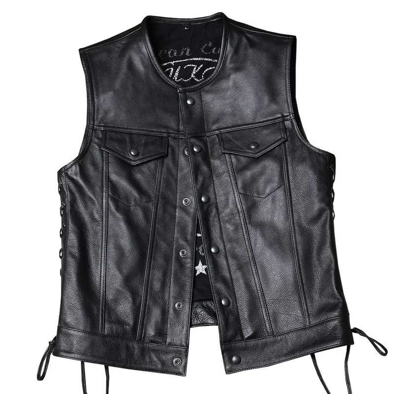 

Biker Mens Motorcycle Vest Male Goatskin Genuine Leather Sleeveless Jackets V Neck Adjustable Black Sheepskin Waistcoat