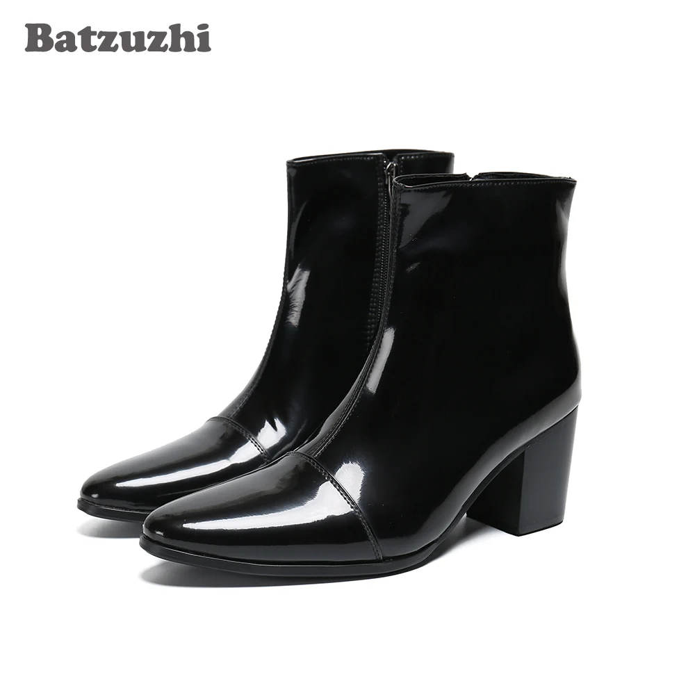 Batzuzhi Leather Dress Boots Men 7CM High Heel Men Boots Pointed Toe Zip Black Business Leather Ankle Boots Bota Masculina!