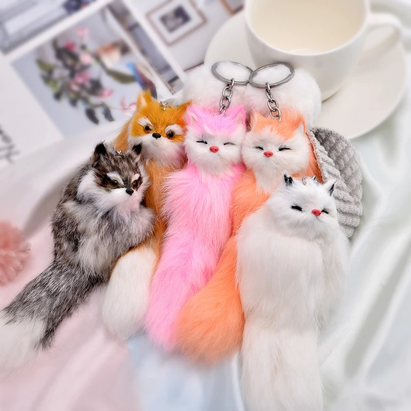 Plush Little Fox Charm Keychains Hi-Q Super Cute Stuffed Animal Trinket Silver Color Key Chains Ring Jewelry For Women Girls