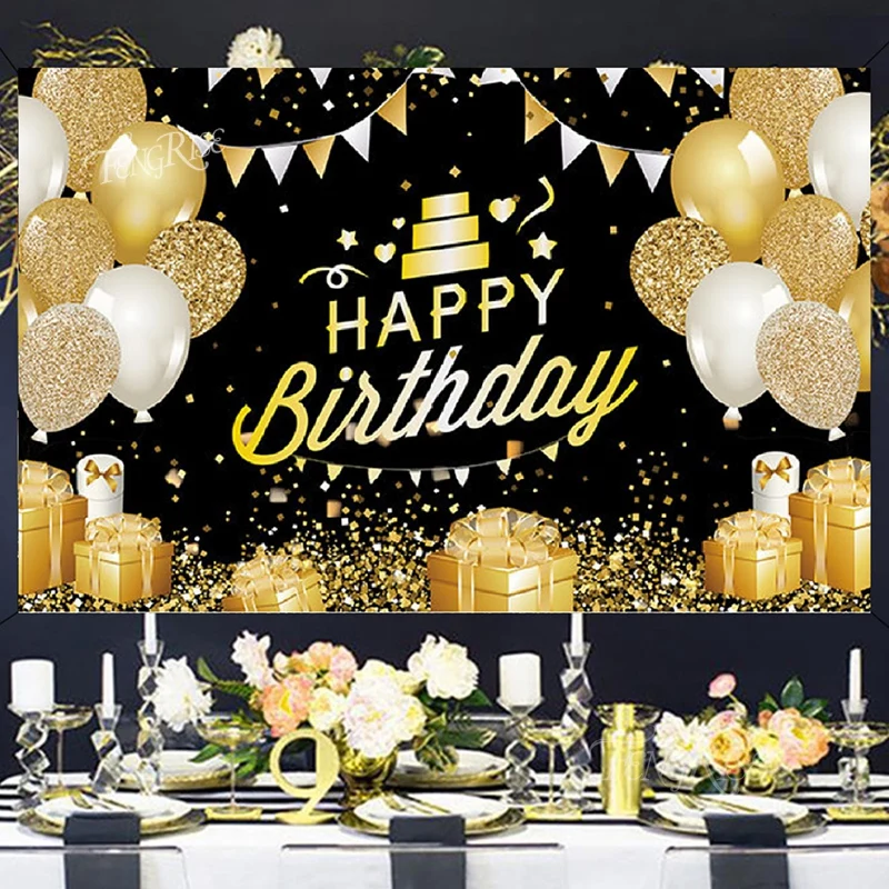 Black Golden Happy Birthday Backdrop Banner Background 30th 40th 50th Birthday Photo Background Birthday Party Backdrop Decor