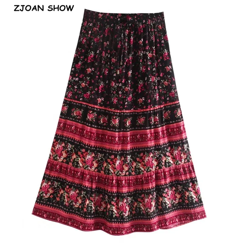 

Bohemian Flower Print Long Skirt Stitching Ruched Ruffle Hem Hippie Women Adjust Stream Waist Swing Skirts Holiday Beach