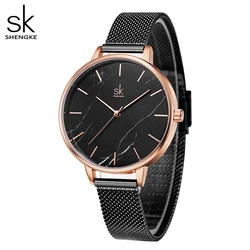 Shengke New Women Watch Black Stainless Steel Band Watch Marble Surface Reloj Mujer Japanese Quartz Brand Watch for Girl