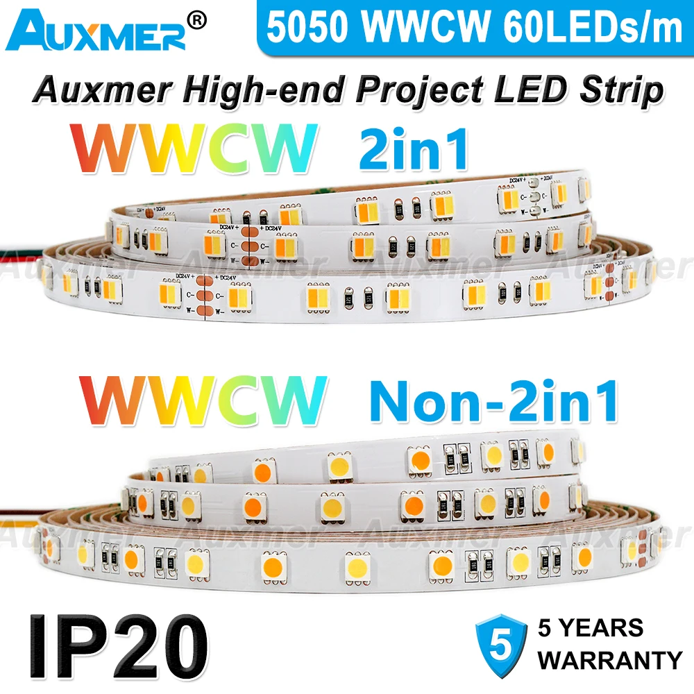 

5050 2in1 Tunable White LED Strip Lights 60LEDs/m 14.4W/m,CRI90/95+ IP20 12/24V WWCW CCT Adjustable Led Tape Lights for Bedroom