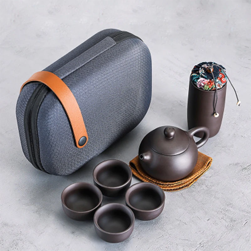 

Chinese Tea Ceremony Travel Tea Set Purple Sand One Pot Four Cups Portable Outdoor Travel Bag Ceramic Kung Fu Tea Set Gift