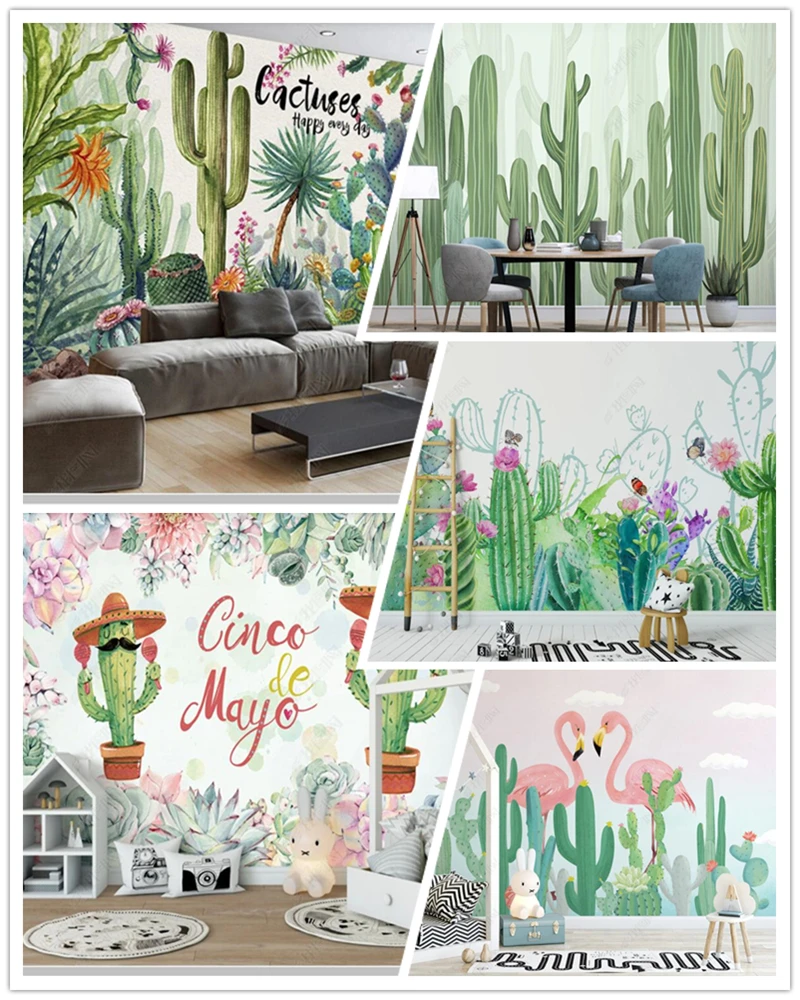 

Papel de parede Nordic cactus tropical plant flamingo 3d cartoon wallpaper mural,living room children's bedroom home decor