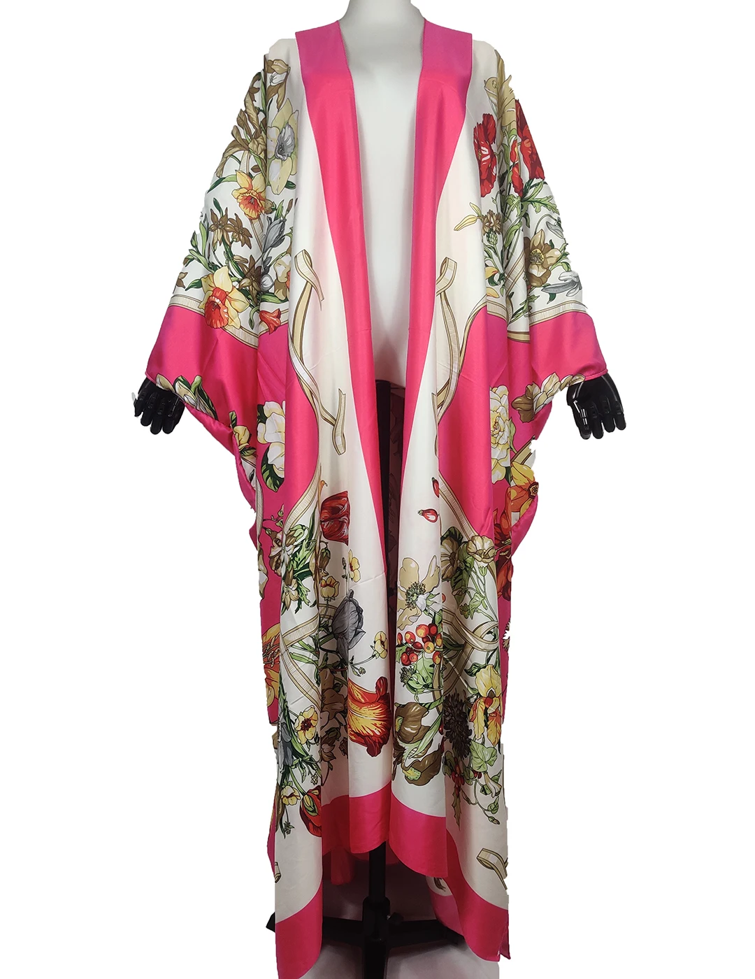 

Middle East Traditional Kuwait Printed Muslim Lady's Silk Open Front Kimonos Oversize African Women Beach Bikini Loose Cardigan