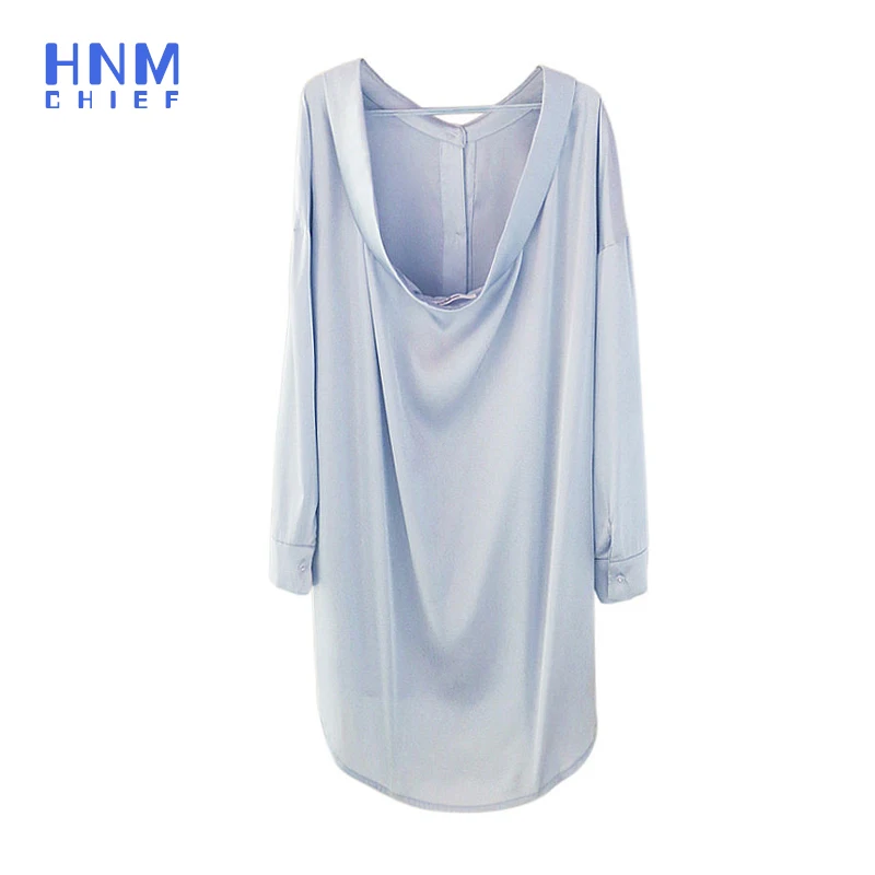 HNMCHIEF-Camisón azul con espalda descubierta para mujer, vestido de lencería con botones, Blusa de manga larga, bata de satén de seda, ropa de