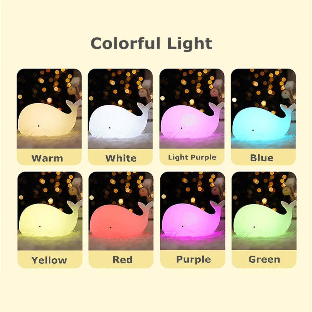 Cartoon Whale LED Night Light Touch Sensor Colorful Sleeping Lamp USB Rechargeable Silicone Lamp for Children Kids Baby Gift