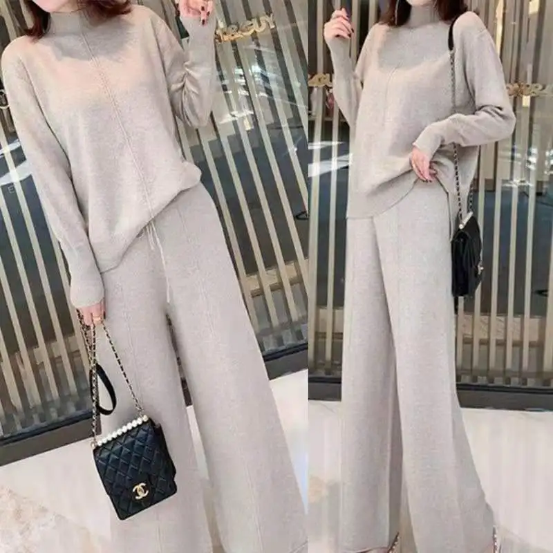 Sweater suit women's sportswear spring fall knit suit 2 pieces warm half turtleneck jumper wide leg pants