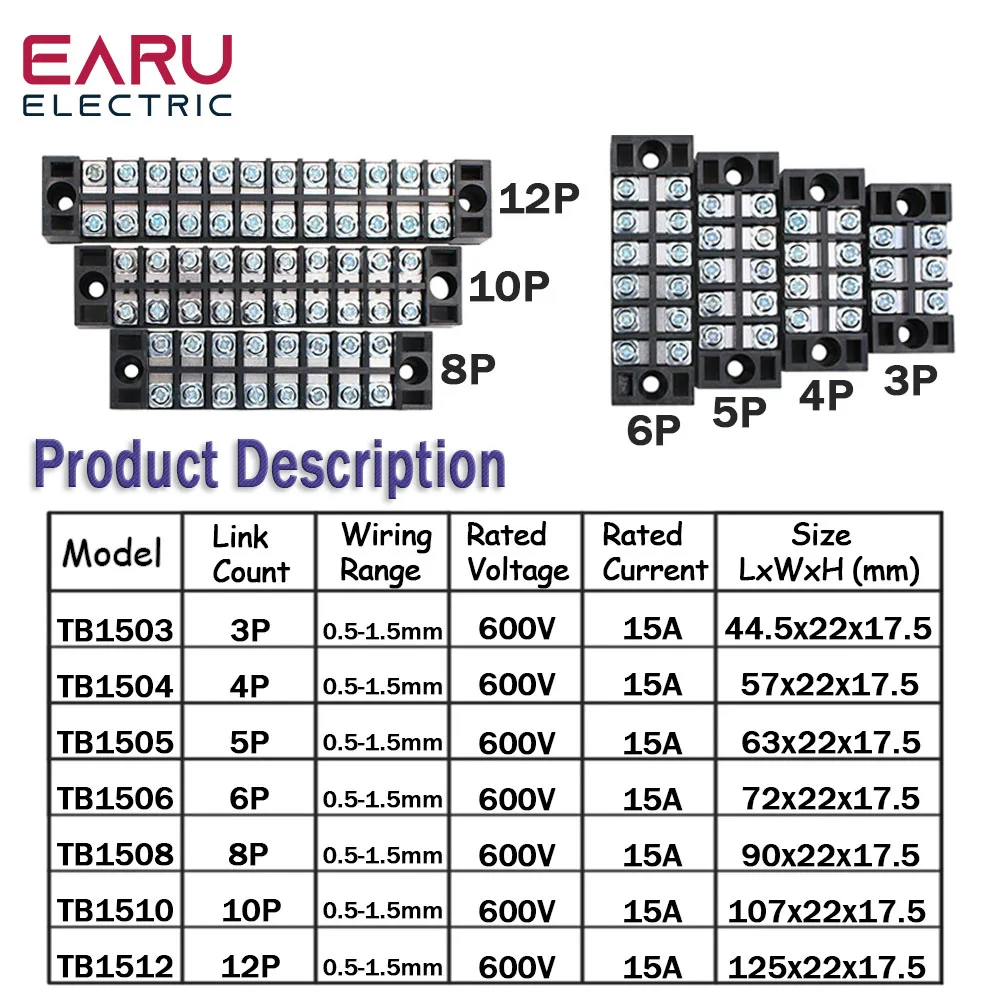 15A 600V Dual Row Barrier Screw Terminal Block Wire Connector TB Series 3 4 5 6 8 10 12 16 20 Positions Ways Factory Wholesale