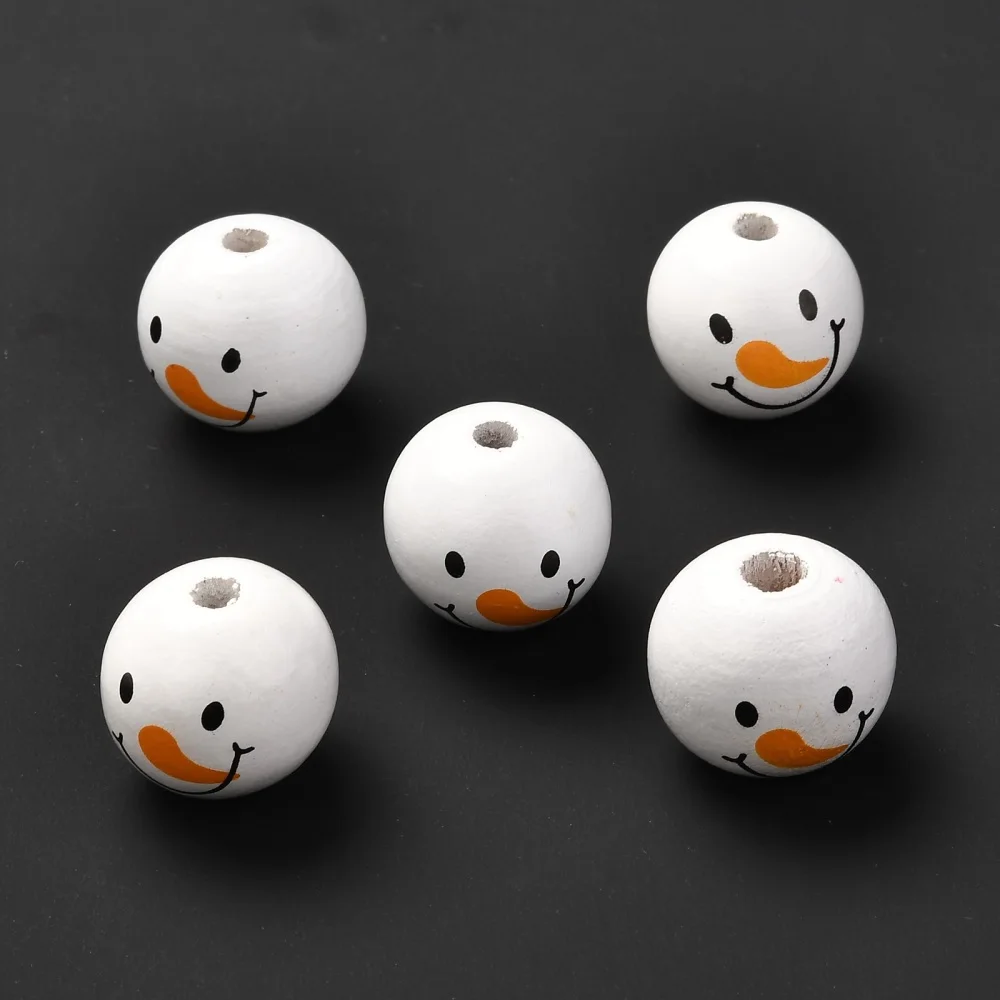 100pcs Christmas Wooden Beads Craft Round Snowman Pattern Wood Spacer Beads for Xmas Tree Jewelry Making DIY Garland Accessories