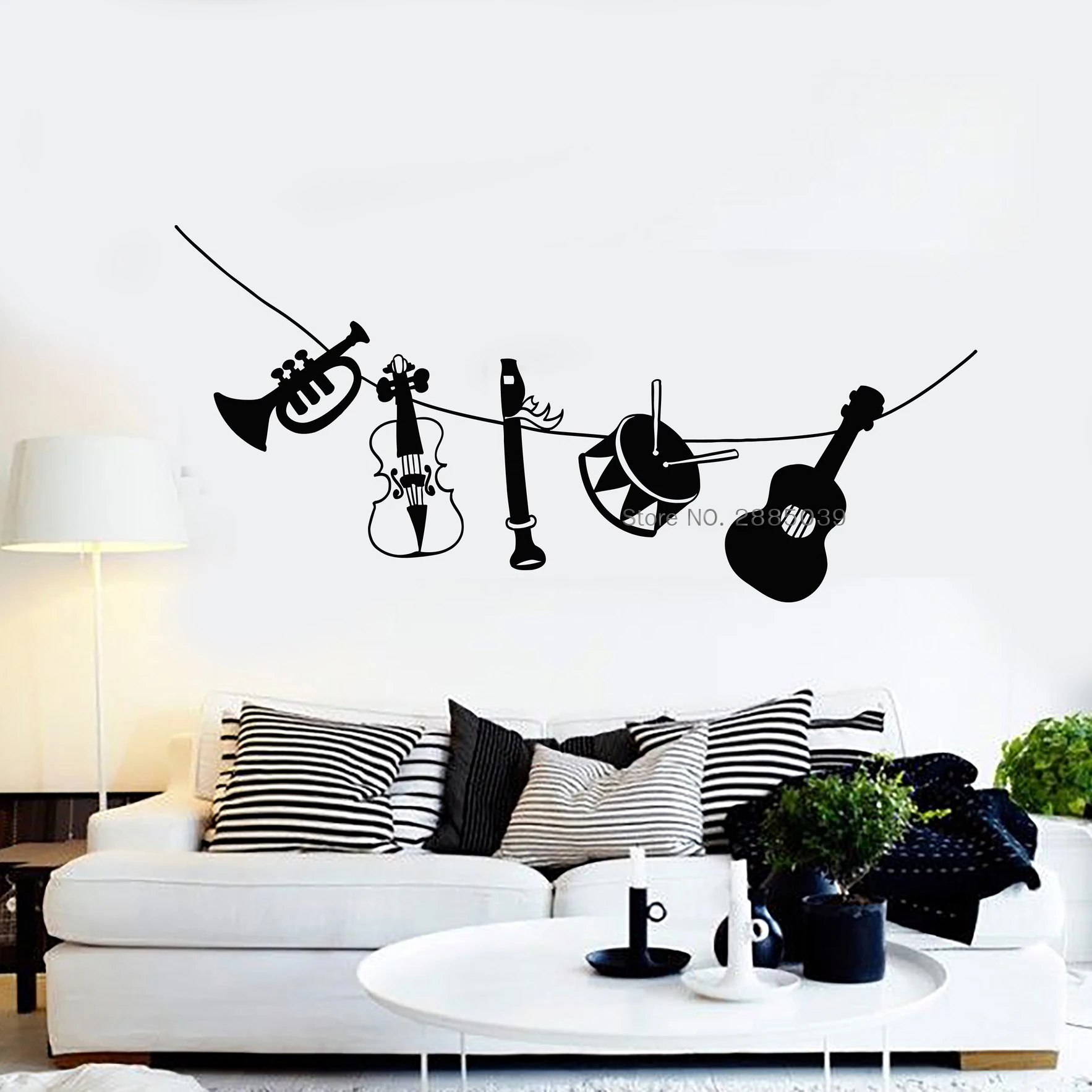 Musical Instruments Vinyl Wall Decal Guitar Drum Flute Violin Trumpet Pattern Stickers Art Wall Decor Interior Murals LC1592