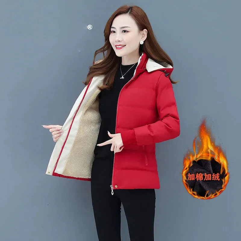 Winter Ladies Jacket New 2023 Add Velvet Add Cotton Down Cotton Clothes Women Coats Loose Removable Cap Warm Female Outerwear