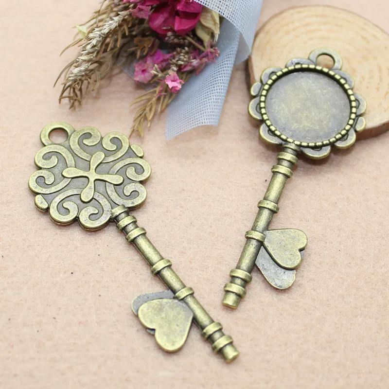 100pcs  7.3*2.8cm Bronze and Silver Color Key Style 20mm Cabochon Base Cameo Setting Charms Pendants DIY Jewelry Finding