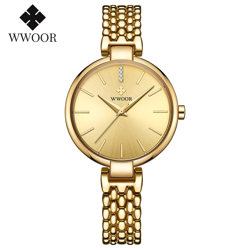 

WWOOR Fashion Womens Watches Gold Bracelet Watch stainless steel Casual Quartz Ladies Wristwatch Waterproof Clock Zegarek Damski