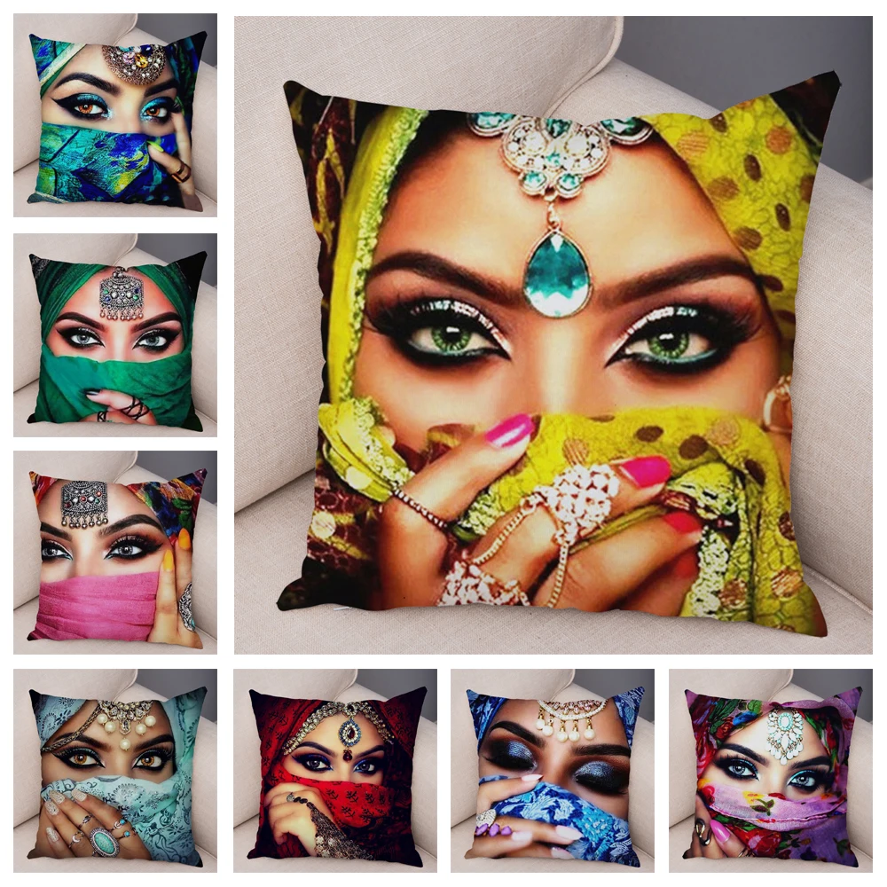 Beautiful Lady Pillow Case Decor Colorful Masked Woman Pillowcase Super Soft Plush Cushion Cover for Sofa Home Car 45x45cm