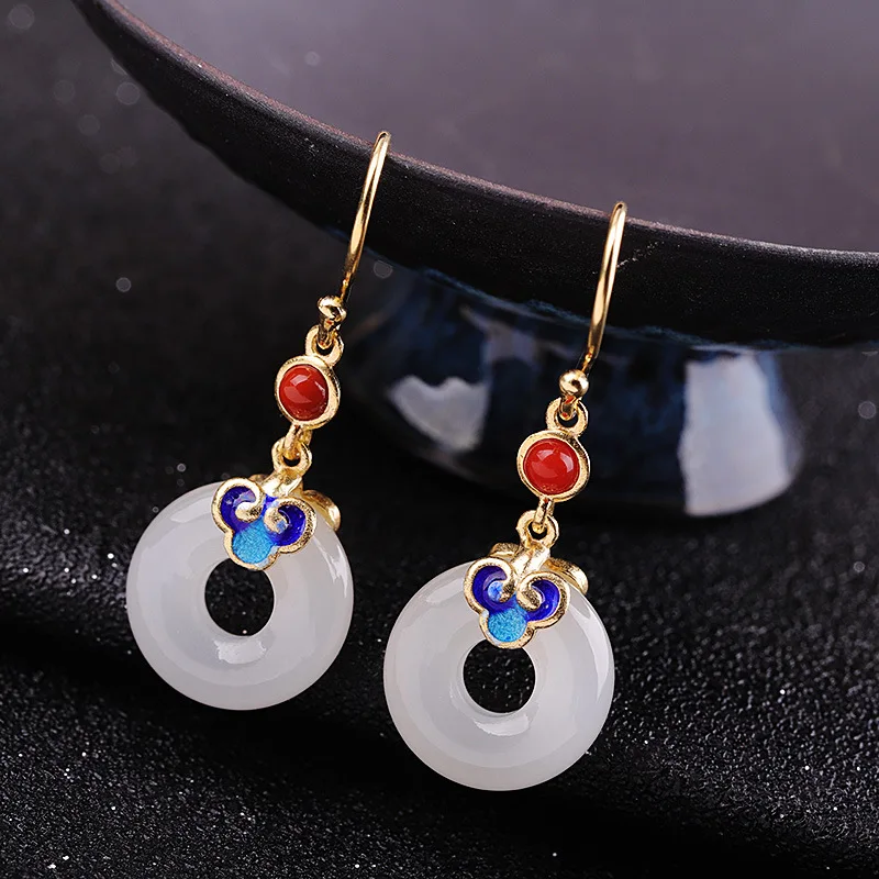 

KJJEAXCMY boutique jewelry S925 Sterling Silver Gold Plated Women's Natural Hetian Jade Stone Earrings New