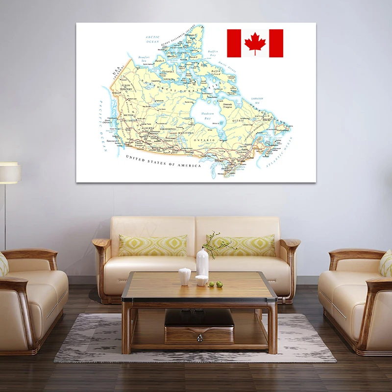 The Canada Route Map Poster dan Cetakan Seni Dinding Bahasa Perancis Lukisan Kanvas Tanpa Bingkai Dekorasi Rumah Ruang Tamu 150*100Cm