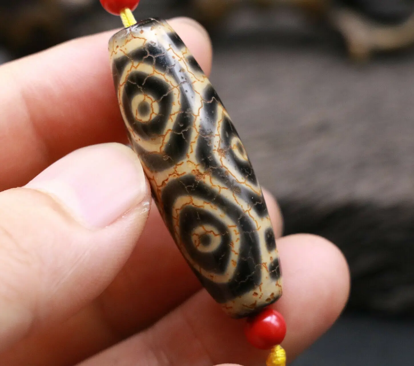 

Royal Treasure Tibetan Old Oily Agate 6 dragon eye dZi Bead 45*15mm