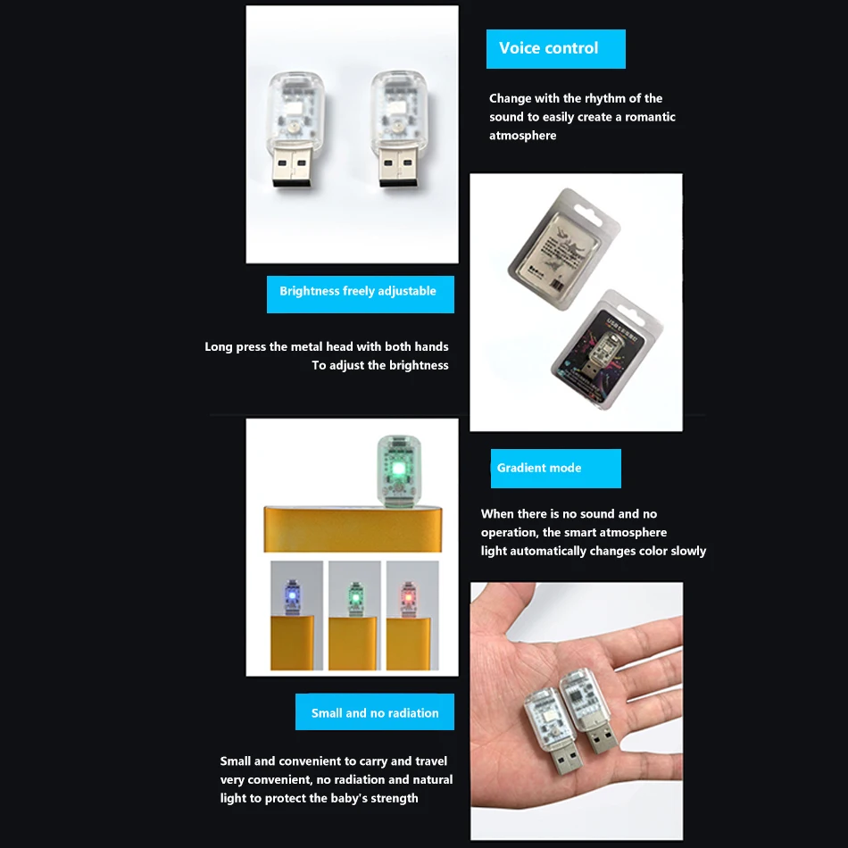 USB RGB Car LED USB Ambient Light Mood Interior Lamp Plug/Play Emergency Bulbs Mini Voice Control Smart Touch