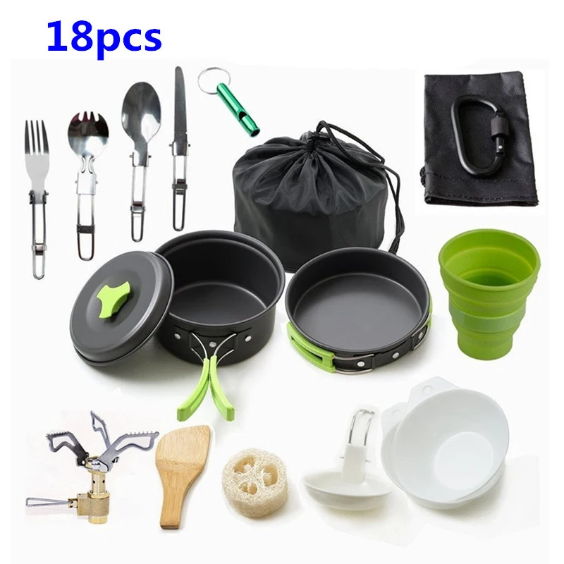 18Pc/Set Camping Cookware Kit Outdoor Aluminum Cooking Set Water Kettle Pan Pot Travelling Hiking Picnic BBQ Tableware Equipment