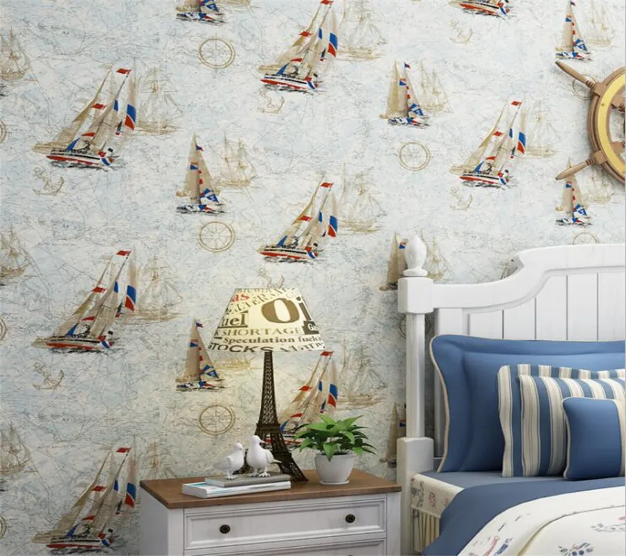 

wellyu Home Wallpaper Kids Room Nonwovens Cartoon Sailboats 3D Wallpaper roll Mediterranean Boys Girls Bedroom wallpaper