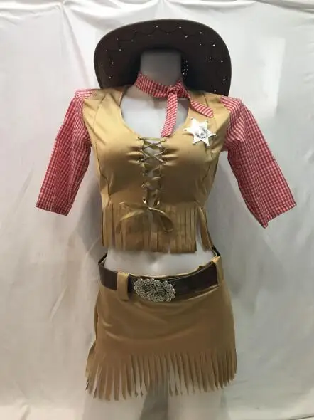 Sexy Cowgirl Costume Halloween Party Cowboy Costume For Adult Women Cowgirl Cosplay Western Dress Suit Top + Skirt + Hat + Belt image 4