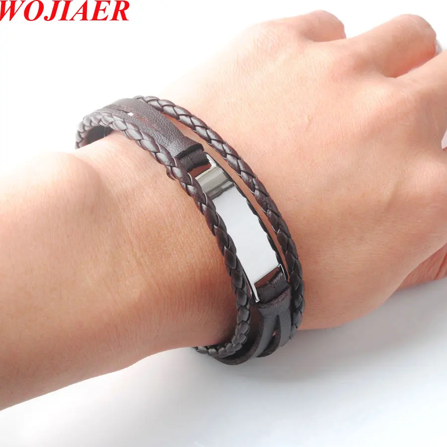 WOJIAER Men Black Handmade Dichroic Bracelet Charm Genuine Leather Jewelry BC008