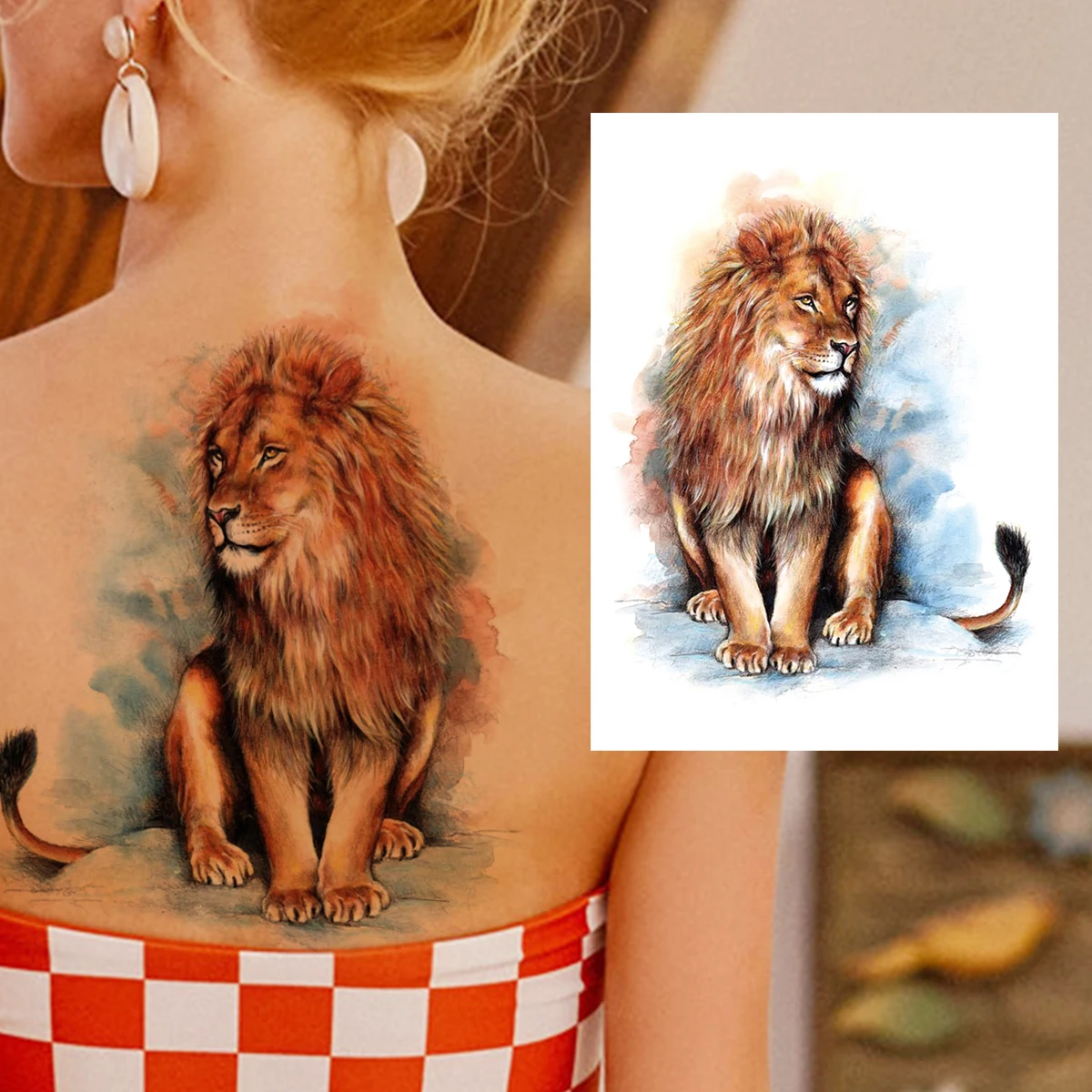 Tatuaje temporal de tigre León de acuarela para mujeres, hombres, adultos, niños, tatuaje realista de Animal falso, pegatina, tatuajes de
