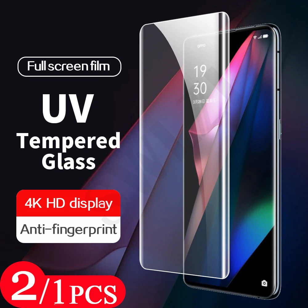 2/1Pcs full cover UV Tempered glass for OPPO Reno 6 5 pro plus phone screen protector Reno 4 3 pro 5G UV Glass protective film