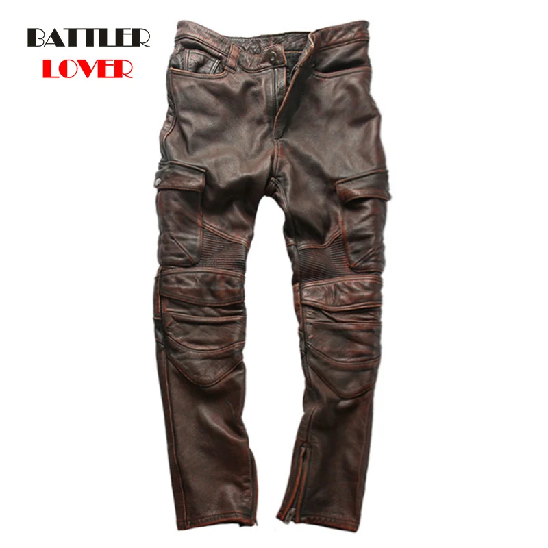 

Genuine Cow Leather Motor Biker Pants For Men 100% Real Cowhide Motorcycle Trousers Male Autumn Jeans Pantalon Cuir Size S-4XL