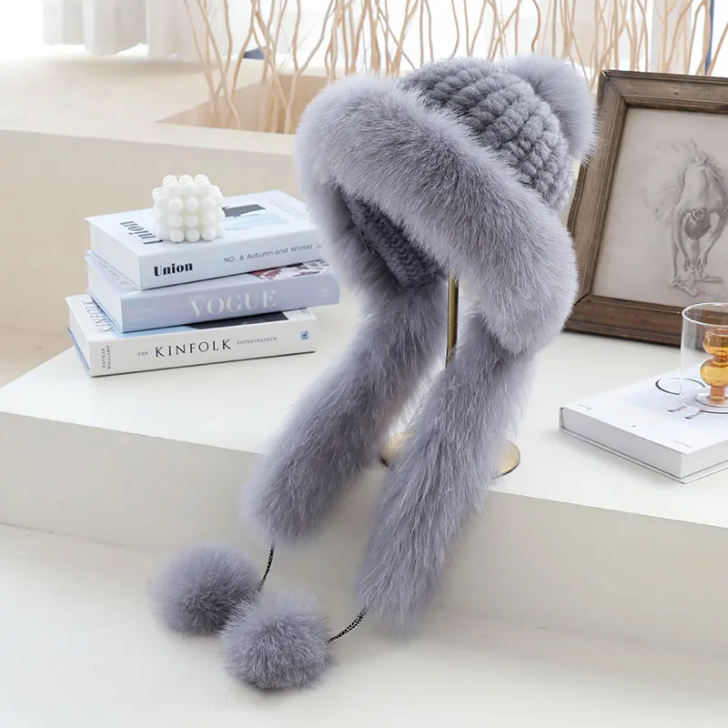 

2021 Korean New Mink Fur hats Woven Fur Caps Fox Hair Long Tassel Ball Warm Ear Protection Fashion Winter Hat Lady