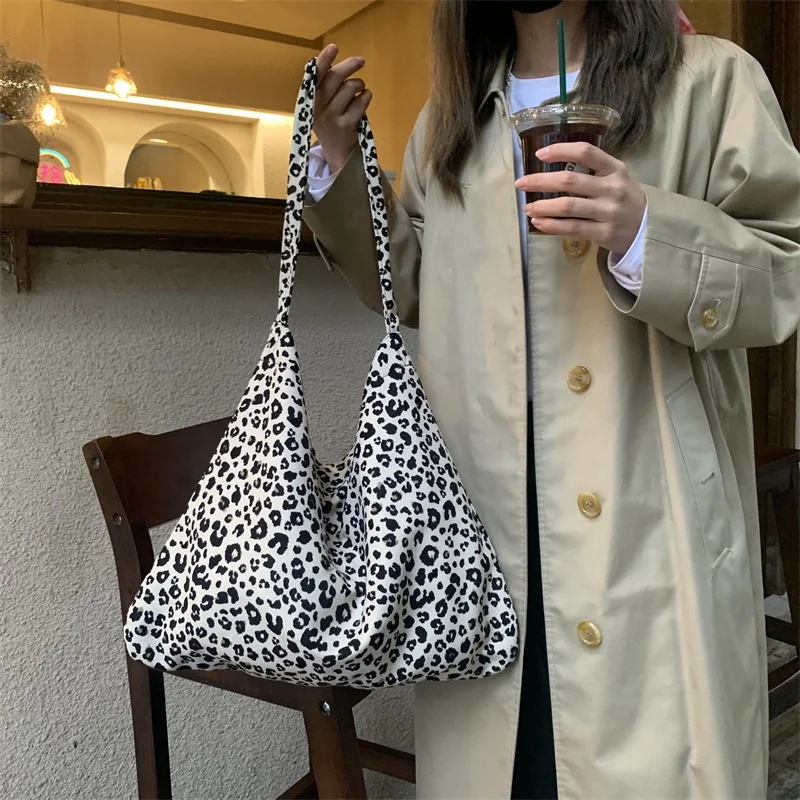 Women Shoulder Canvas Shopper Bag Leopard Print Korean Shopping Bag Casual Female Handbag Cotton Fabric Tote Bags for Women 2021