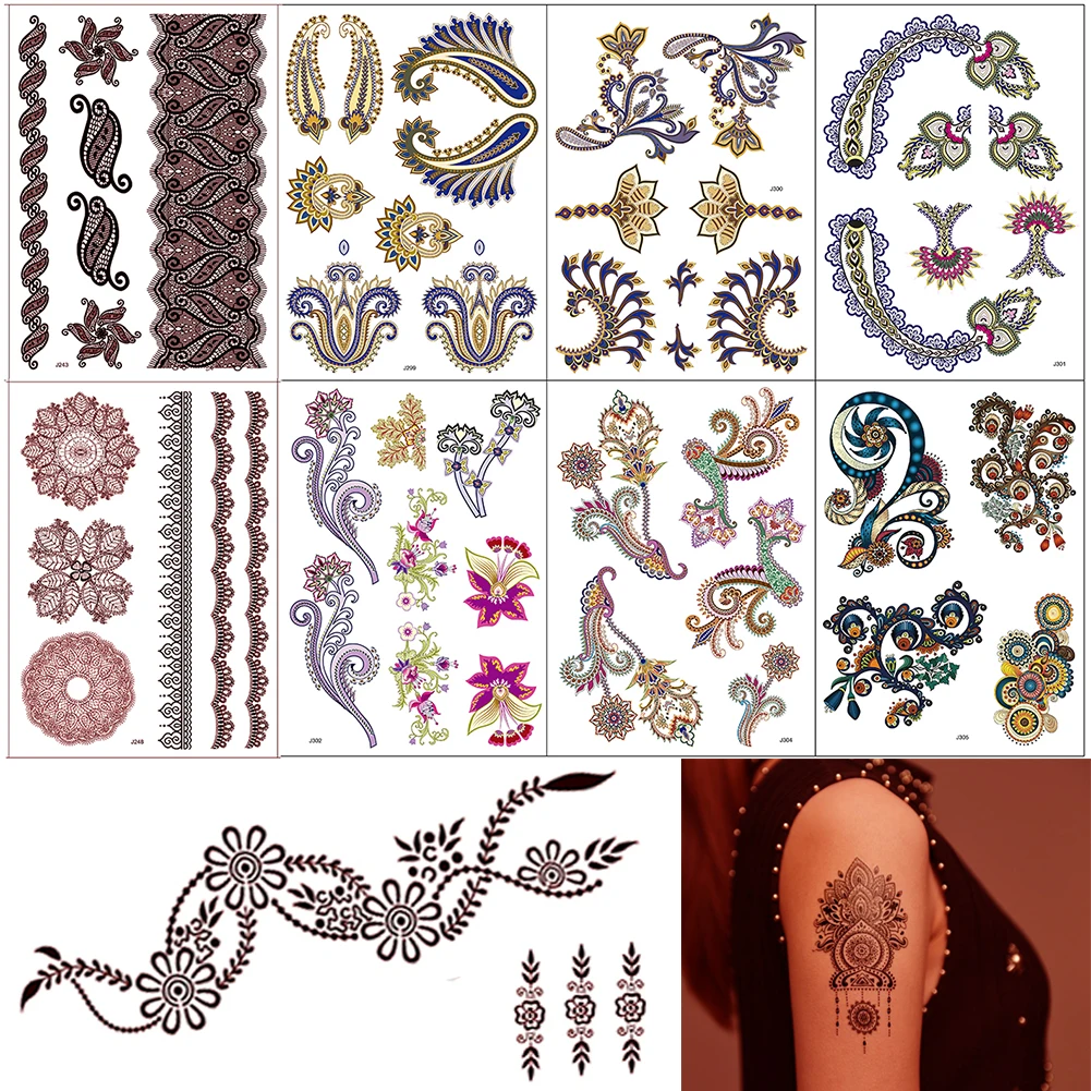 

20 Sheets Brown Henna Tattoo Stickers Lace Mehndi Temporary Tattoos Set for Women, Flower Arm Metallic Colorful Tattooing