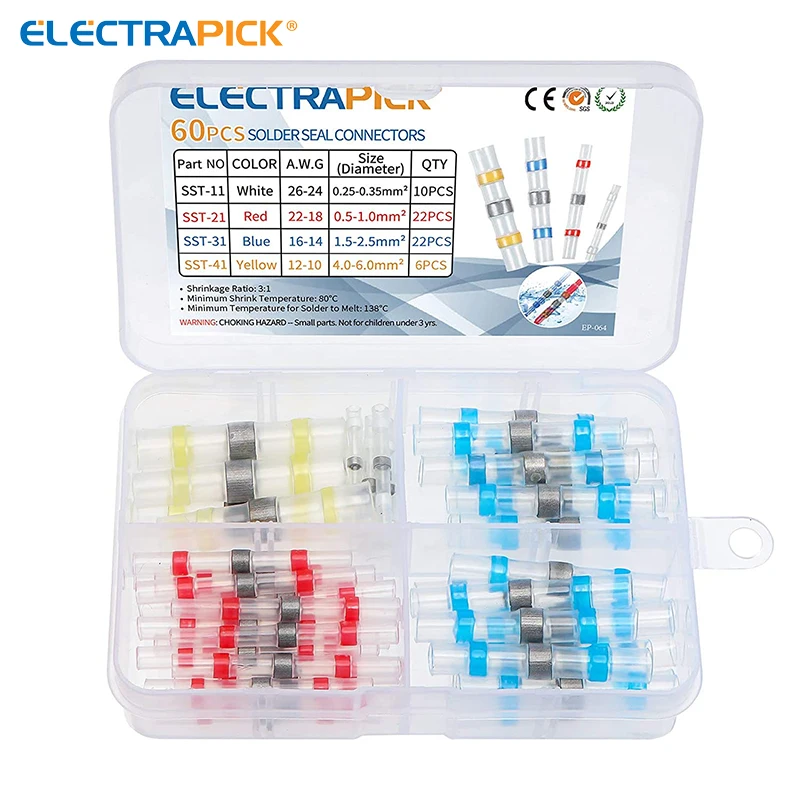 

ELECTRAPICK 60pcs Heat Shrink Solder Seal Wire Connector Sleeves Electrical Wire Crimp Butt Terminals Connectors Splices