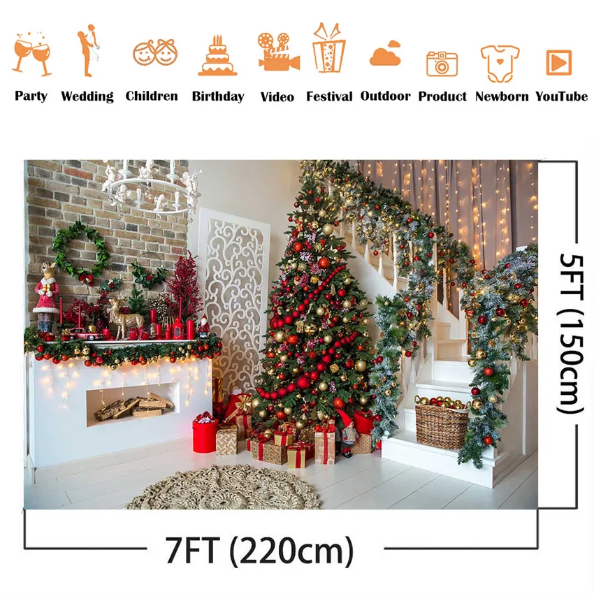 Christmas Tree Stairs Photography Backdrops Wooden Floor fireplace Portrait vinyl Photographic Background Photocall photo Studio