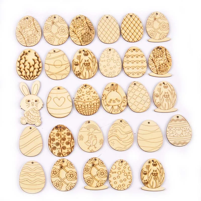 25Pcs 30-40mm Easter Eggs Rabbit Wooden Hanging Ornaments Crafts Supplies Creative Wood Chips DIY Home Party Decoration M2674