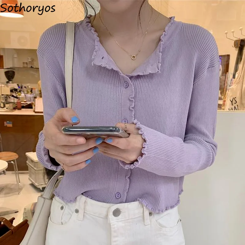 Cardigans Women Solid Trendy Retro Ruffles Lovely Sweet Princess Chic Streetwear Gentle Casual Knitted Crop Tops Sexy Ulzzang