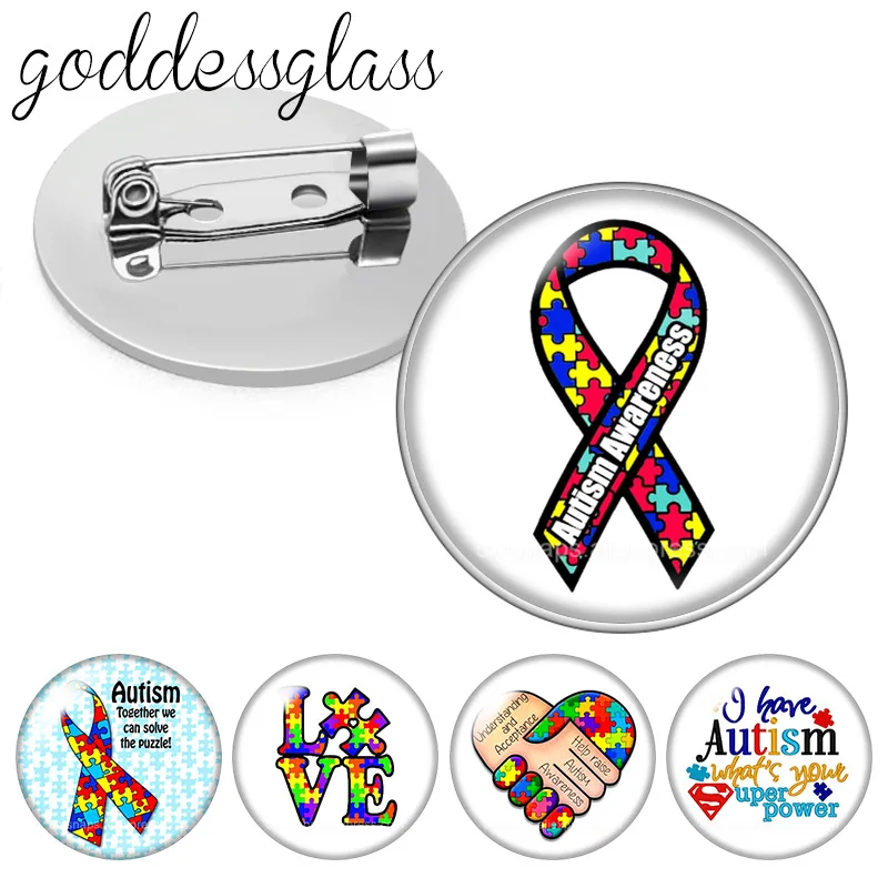 Autism Awareness Puzzle pieces Ribbon Photo Glass cabochon Brooch pinback button Bag Clothes Denim Jeans Lapel Pin Badge Jewelry