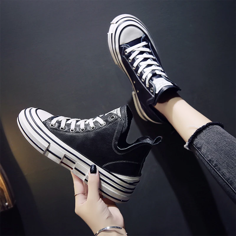 

Korean Shoes Casual Female Sneakers Shose Women British Style All-Match Round Toe Black Flats 2020 Dress Preppy New Cross PU