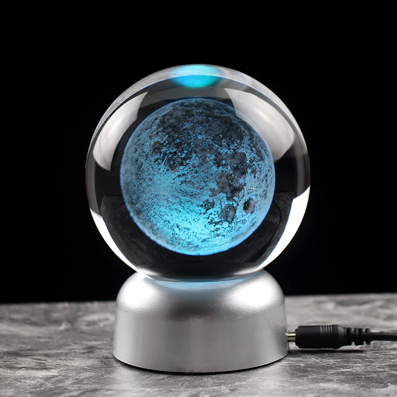 60MM80MM 3D Crystal Moon Ball Glass Sphere Snow Globe Laser Engraved Solar System Miniature Model Home Decor Astronomy Gift