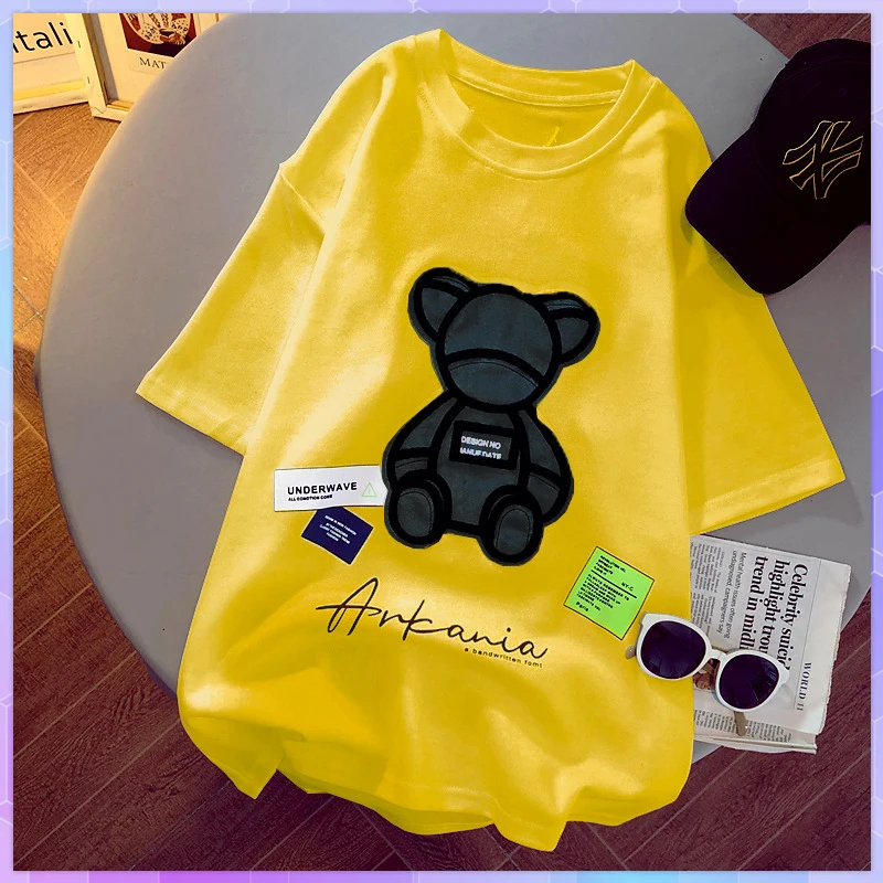 Embroidery Little Bear Short Sleeved T-shirt Women Korean Loose T-shirts Female Student Clothes Summer Retro Top Payera camiseta