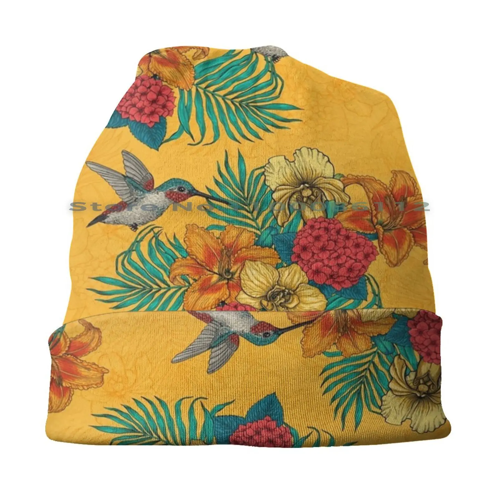 Hummingbirds And Tropical Bouquet In Yellow Beanies Knit Hat Hummingbird Botanical Bouquet Floral Daylily Orchid Palm Hortensia