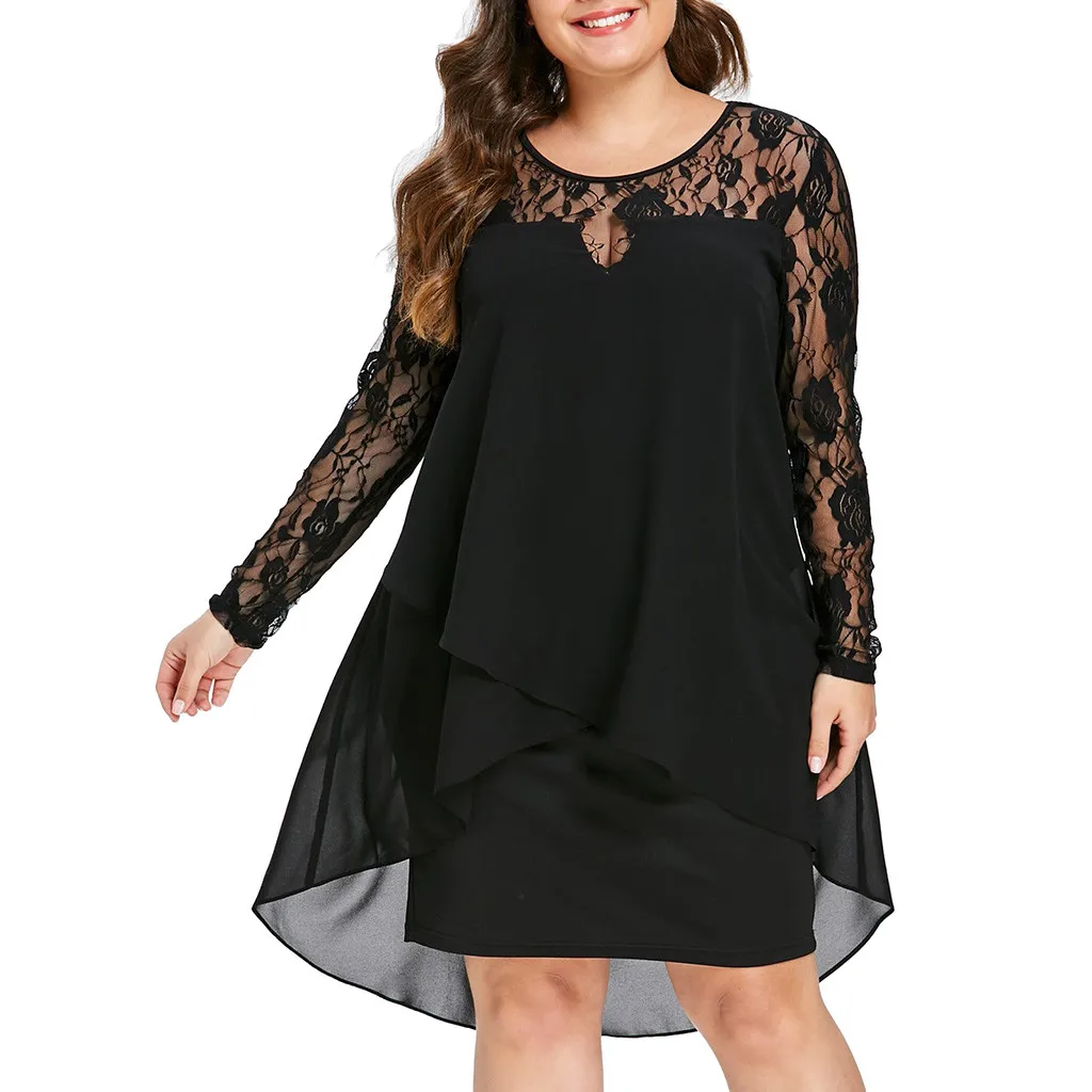 Robe Trapèze en Dentelle Transparente pour Femme, Grande Taille, Patchwork, Manches sulf, Ourlet Haut Bas, Col Rond, Décontractée, Élégante, Robes de Soirée, Éducative