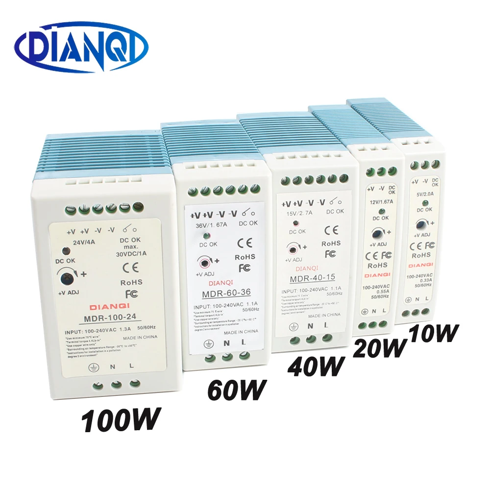 

High Quality DinRail Power Supply Switch 10W 20W 40W 60W 100W Output 5V 12V 15V 24V 36V 48V Switching MDR-60 MDR-40