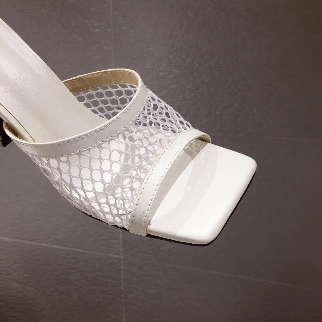 New Sexy PU Square Head Peep Toe High Heel Mesh Slippers Summer Fashion Slip on Thin Heels Slides Women Mules Party