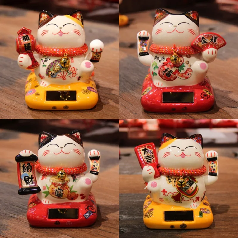 Ceramic Lucky Cat Solar Power Waving Paw Wedding Gift Car Home Luck Safe Decoration